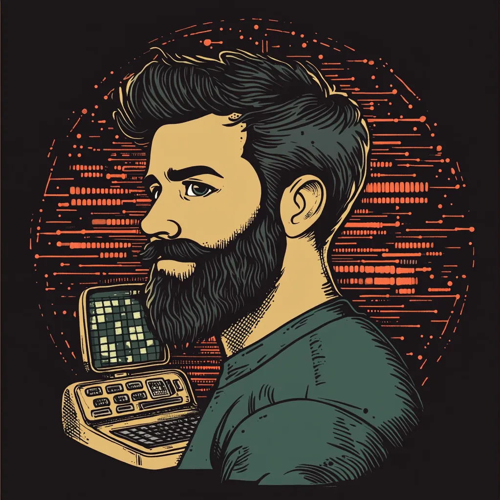 Illustrated portrait of Patrick Krebs at a retro terminal