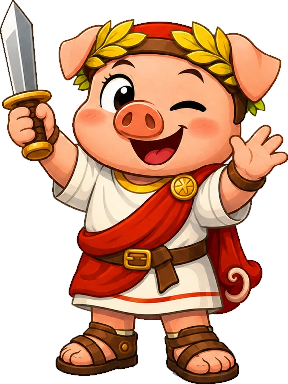 Ham Balonius, a Roman pig in a toga and laurel