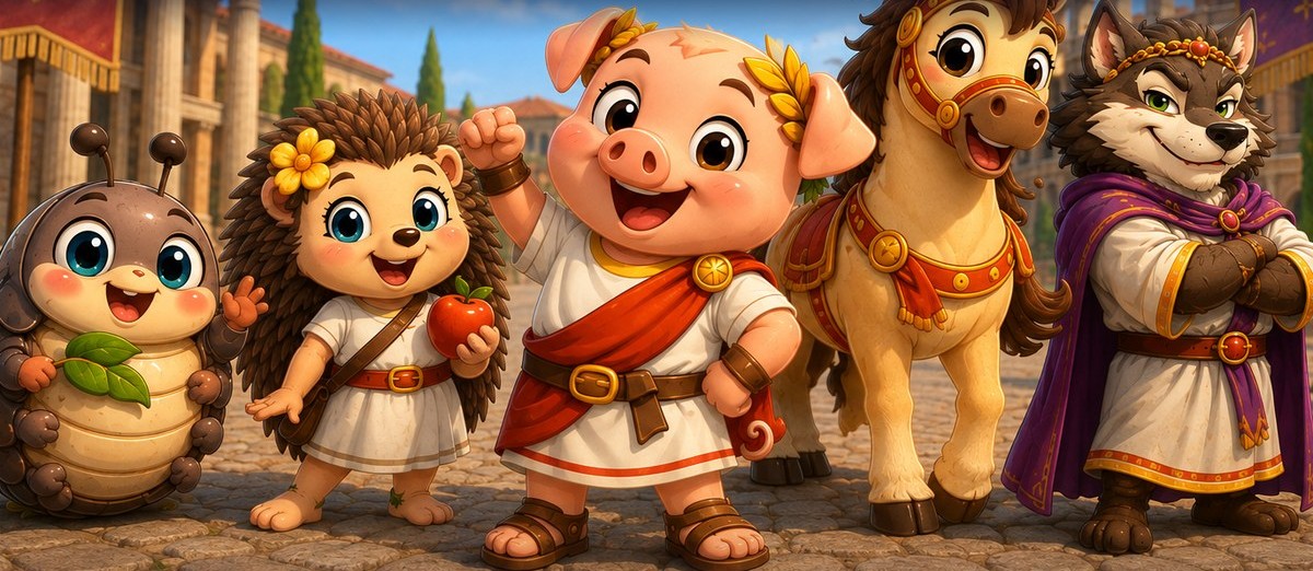 Ham Balonius and the crew — a Roman pig, a hedgehog scientist, a potato bug, a horse, and a wolf senator in a Roman plaza