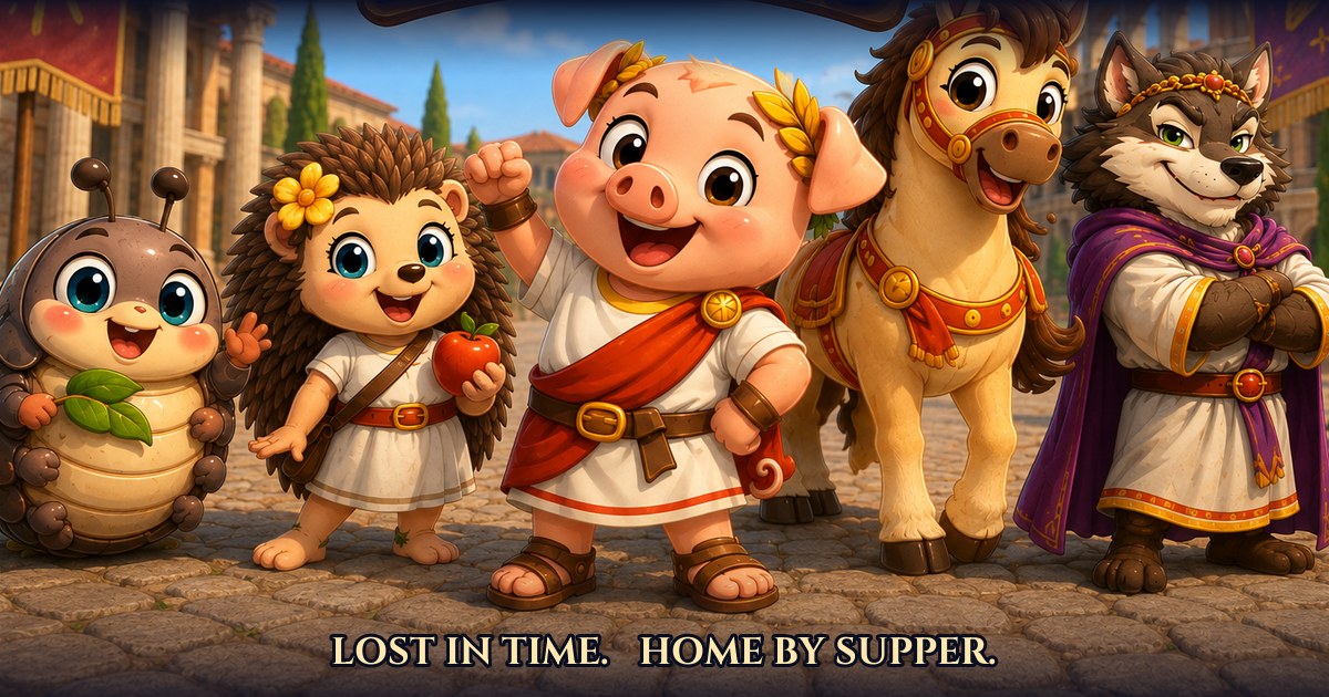Ham Balonius and the crew — a Roman pig, a hedgehog scientist, a potato bug, a horse, and a wolf senator in a Roman plaza